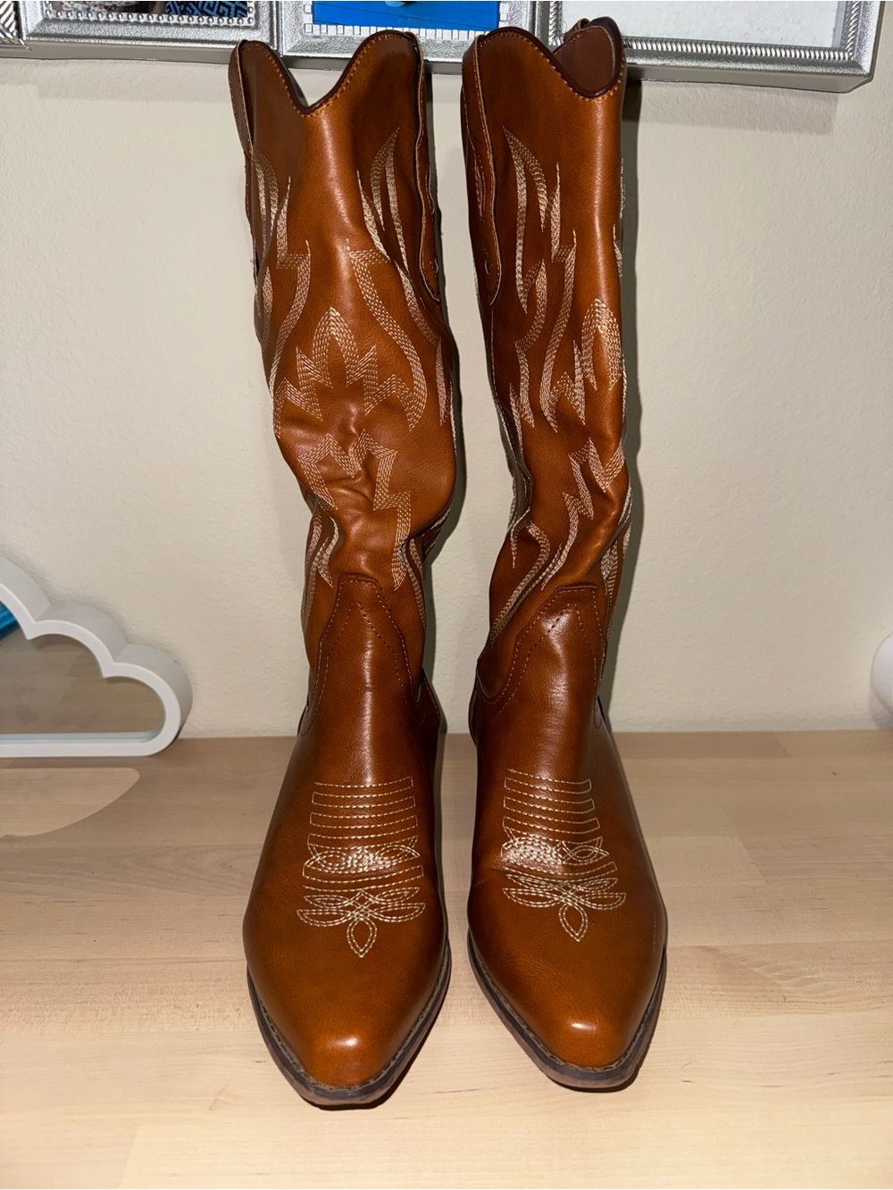 Brown Embroidered Over-the-Knee Boots